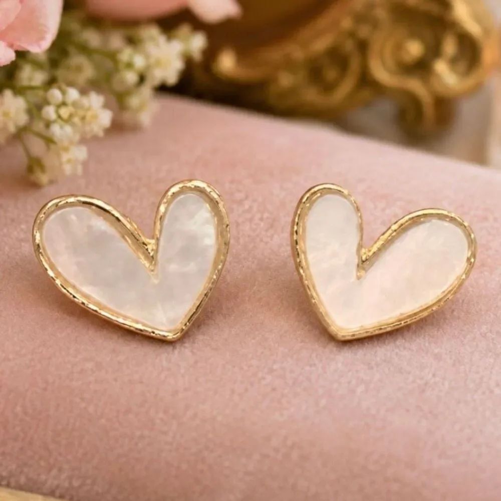 White Iridescent Enamel Love Heart Stud Earrings